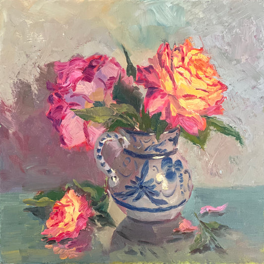 Large Oil Painting of Roses - Garden roses in my studio!