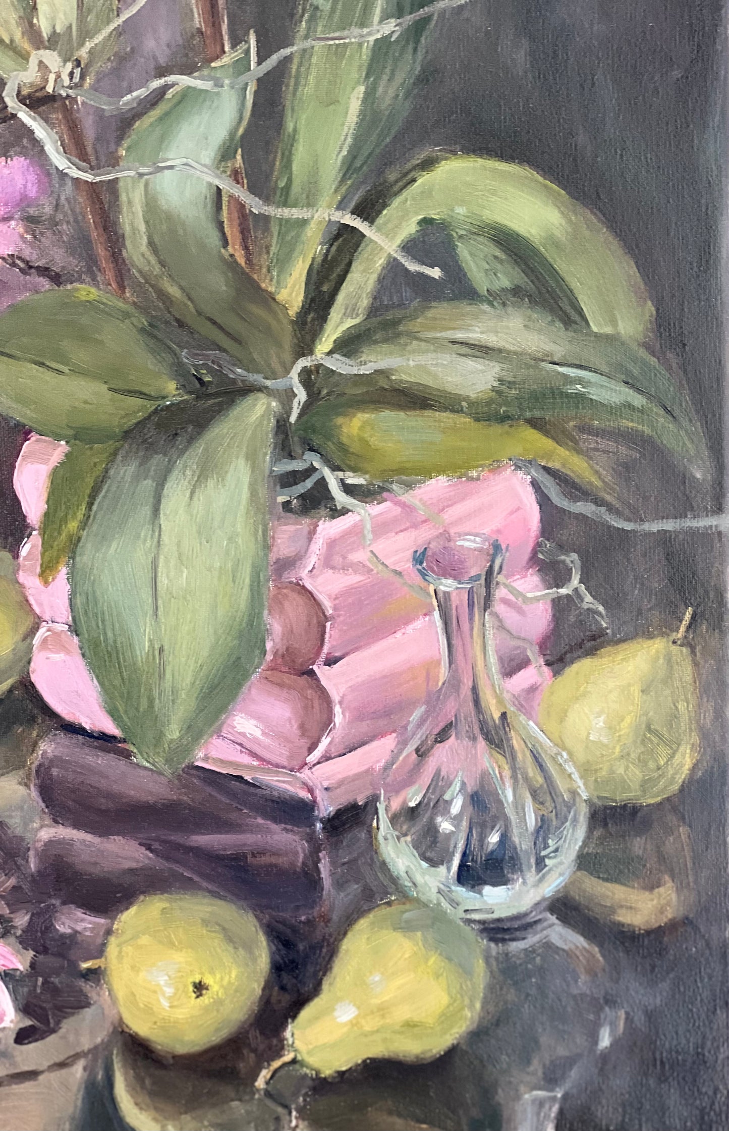 Large Floral Oil Painting - Orchids and Pears